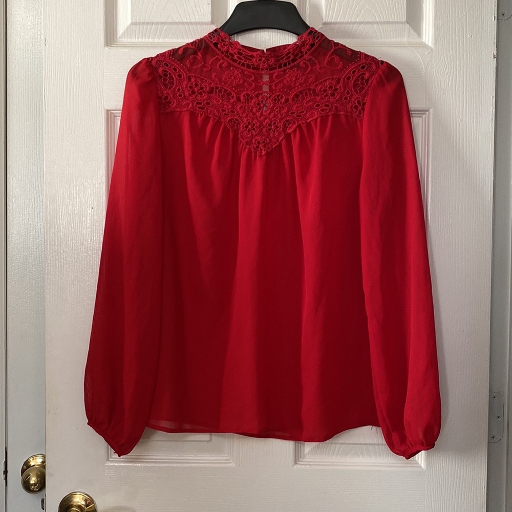 Red Lace Trim Sheer Peasant High Neck Victorian Blouse